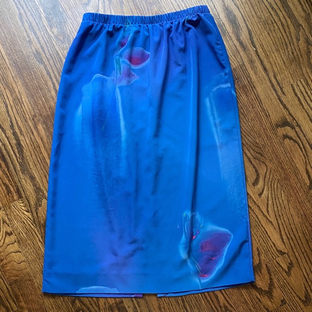 Vintage Silky Blue Pencil Skirt with watercolor floral orchids